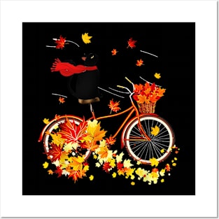 Black Cat Cycling Fall Maple Leaves Thanksgiving Posters and Art